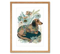 Artery8 Wall Art Print Multicoloured Fur Dachshund Dog with Spring Flowers Modern Watercolour Artwork Framed 9X7 Inch in Beige | Size: W7" x H9" Artery8 Beige W7" x H9"