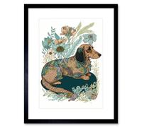 Artery8 Wall Art Print Multicoloured Fur Dachshund Dog with Spring Flowers Modern Watercolour Artwork Framed 9X7 Inch in Black | Size: W7" x H9" Artery8 Black W7" x H9"