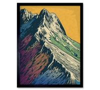 Artery8 Framed Wall Art Multicoloured Mountain Range Peaks Pop Art Linocut - 12X16 Inch
