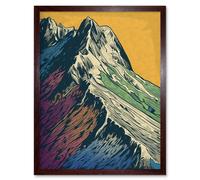 Artery8 Wall Art Print Multicoloured Mountain Range Peaks Pop Art Linocut Art Framed in Brown | Size: W12" x H16" Artery8 Brown W12" x H16"