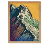 Artery8 Wall Art Print Multicoloured Mountain Range Peaks Pop Art Linocut Art Framed in Light Oak | Size: W12" x H16" Artery8 Light Oak W12" x H16"