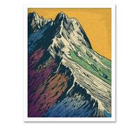 Artery8 Wall Art Print Multicoloured Mountain Range Peaks Pop Art Linocut Art Framed in White | Size: W12" x H16" Artery8 White W12" x H16"