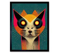 Artery8 Wall Art Print Multicoloured Retro Cyborg Cat Hybrid In Teal Background Art Framed in Black | Size: W12" x H16" Artery8 Black W12" x H16"