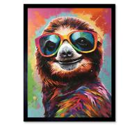Artery8 Wall Art Print Multicoloured Smiling Sloth Wearing Sunglasses Art Framed in Black | Size: W12" x H16" Artery8 Black W12" x H16"