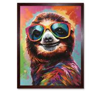 Artery8 Wall Art Print Multicoloured Smiling Sloth Wearing Sunglasses Art Framed in Brown | Size: W12" x H16" Artery8 Brown W12" x H16"