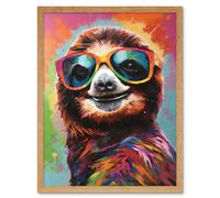 Artery8 Wall Art Print Multicoloured Smiling Sloth Wearing Sunglasses Art Framed in Light Oak | Size: W12" x H16" Artery8 Light Oak W12" x H16"