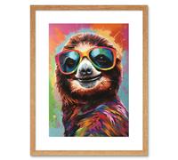 Artery8 Wall Art Print Multicoloured Smiling Sloth Wearing Sunglasses Artwork Framed 9X7 Inch in Beige | Size: W7" x H9" Artery8 Beige W7" x H9"