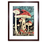 Artery8 Wall Art Print Mushroom Fairy House Pastel Red Blue Green Magical Forest Fantasy Concept Kitchen Artwork Framed 9X7 Inch | Size: W7" x H9" Artery8 Brown W7" x H9"