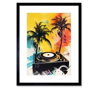 Artery8 Wall Art Print Music Under Palm Trees Tropical Beach Party Modern Watercolour Painting Artwork Framed 9X7 Inch in Black | Size: W7" x H9" Artery8 Black W7" x H9"