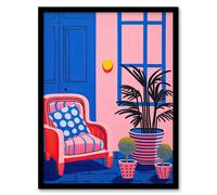 Artery8 Wall Art Print My Favourite Place Graphic Painting Pink Blue Cosy Armchair & Potted Plants Artwork Framed | Size: W12" x H16" Artery8 Pink W12" x H16"