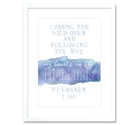 Artery8 Wall Art Print My Heart's Highlands Scotland Burns Song Lyrics Watercolour Framed Art in White | Size: W7" x H9" Artery8 White W7" x H9"