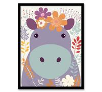Artery8 Wall Art Print My Name Is Harriet Cute Hippo w/ Flowers Pastel Colour Graphic Artwork Purple Orange Kids Bedroom Zoo Animal Floral Painting Artery8 Purple W12" x H16"