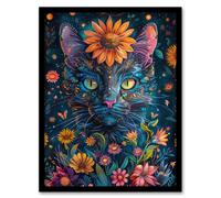 Artery8 Wall Art Print Mystic Cat in Flowers Hippy Night Abstract Animal Art Framed Poster in Black | Size: W12" x H16" Artery8 Black W12" x H16"