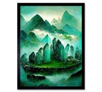 Artery8 Framed Wall Art Mystical New Age Crystal Jade Green Landscape Painting - 12X16 Inch
