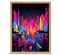 Artery8 Wall Art Print Neon Light Colour Abstract Metropolis Cityscape at Night Modern Artwork Art Framed in Light Oak | Size: W12" x H16" Artery8 Light Oak W12" x H16"