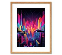 Artery8 Wall Art Print Neon Light Colour Abstract Metropolis Cityscape at Night Modern Artwork Framed 9X7 Inch in Beige | Size: W7" x H9" Artery8 Beige W7" x H9"