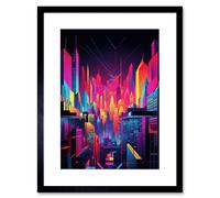 Artery8 Wall Art Print Neon Light Colour Abstract Metropolis Cityscape at Night Modern Artwork Framed 9X7 Inch in Black | Size: W7" x H9" Artery8 Black W7" x H9"