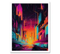 Artery8 Wall Art Print Neon Light Colour Abstract Metropolis Cityscape Sunrise Modern Artwork Art Framed in White | Size: W12" x H16" Artery8 White W12" x H16"