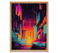 Artery8 Wall Art Print Neon Light Colour Abstract Metropolis Cityscape Sunrise Modern Artwork Art Framed in Light Oak | Size: W12" x H16" Artery8 Light Oak W12" x H16"