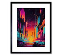 Artery8 Wall Art Print Neon Light Colour Abstract Metropolis Cityscape Sunrise Modern Artwork Framed 9X7 Inch in Black | Size: W7" x H9" Artery8 Black W7" x H9"