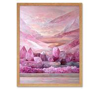 Artery8 Wall Art Print New Age Mystical Pink Quartz Crystal Landscape Mountains Art Framed in Light Oak | Size: W12" x H16" Artery8 Light Oak W12" x H16"