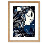 Artery8 Wall Art Print New Moon Goddess Winter Moonlit Witchy Forest Starry Night Mother Nature Boho Patterns Artwork Framed 9X7 Inch Artery8 Beige W7" x H9"