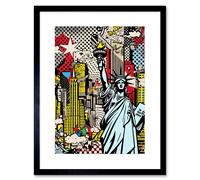 Artery8 Wall Art Print New York City Skyline Statue of Liberty Pop Art Comic Book Style American Dream Artwork Framed 9X7 Inch | Size: W7" x H9" Artery8 Black W7" x H9"