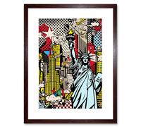 Artery8 Wall Art Print New York City Skyline Statue of Liberty Pop Art Comic Book Style American Dream Artwork Framed 9X7 Inch | Size: W7" x H9" Artery8 Brown W7" x H9"