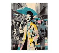 Artery8 Wall Art Print New York City Winter Retro Fashion Collage Stand Out Advert Woman In Busy Street w/ Umbrella Vibrant Colourful Bold Pop Art Artery8 Multicolor W12" x H16"