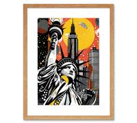 Artery8 Wall Art Print New York Collage Halftone Pop Art Comic Book Statue of Liberty Skyscraper Abstract Artwork Framed 9X7 Inch | Size: W7" x H9" Artery8 Beige W7" x H9"