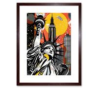 Artery8 Wall Art Print New York Collage Halftone Pop Art Comic Book Statue of Liberty Skyscraper Abstract Artwork Framed 9X7 Inch | Size: W7" x H9" Artery8 Brown W7" x H9"