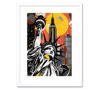 Artery8 Wall Art Print New York Collage Halftone Pop Art Comic Book Statue of Liberty Skyscraper Abstract Artwork Framed 9X7 Inch | Size: W7" x H9" Artery8 White W7" x H9"