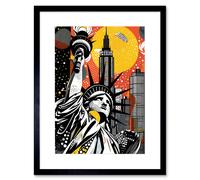Artery8 Wall Art Print New York Collage Halftone Pop Art Comic Book Statue of Liberty Skyscraper Abstract Artwork Framed 9X7 Inch | Size: W7" x H9" Artery8 Black W7" x H9"