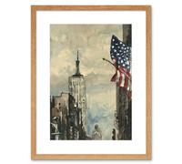 Artery8 Wall Art Print New York Empire State Building Flag Watercolour Artwork Framed 9X7 Inch in Beige | Size: W7" x H9" Artery8 Beige W7" x H9"