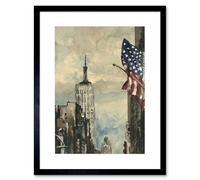 Artery8 Wall Art Print New York Empire State Building Flag Watercolour Artwork Framed 9X7 Inch in Black | Size: W7" x H9" Artery8 Black W7" x H9"