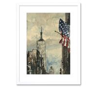 Artery8 Wall Art Print New York Empire State Building Flag Watercolour Artwork Framed 9X7 Inch in White | Size: W7" x H9" Artery8 White W7" x H9"