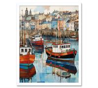 Artery8 Wall Art Print Newlyn Harbour Trawler Boats Promenade Watercolour Painting Cornwall Coastal Townscape Art Framed in White | Size: W12" x H16" Artery8 White W12" x H16"