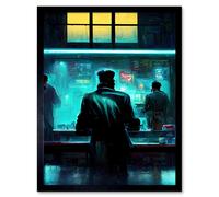 Artery8 Wall Art Print Nighthawks Style Futuristic Cyber Noir Bar Art Framed in Black | Size: W12" x H16" Artery8 Black W12" x H16"