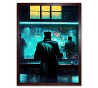 Artery8 Wall Art Print Nighthawks Style Futuristic Cyber Noir Bar Art Framed in Brown | Size: W12" x H16" Artery8 Brown W12" x H16"