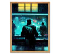 Artery8 Wall Art Print Nighthawks Style Futuristic Cyber Noir Bar Art Framed in Light Oak | Size: W12" x H16" Artery8 Light Oak W12" x H16"