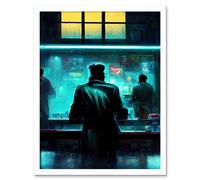 Artery8 Wall Art Print Nighthawks Style Futuristic Cyber Noir Bar Art Framed in White | Size: W12" x H16" Artery8 White W12" x H16"