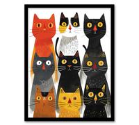 Artery8 Wall Art Print Nine Cats 9 Quirky Fun Animals Cat Lover Art Framed Poster in Black | Size: A4 Artery8 Black A4