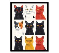 Artery8 Wall Art Print Nine Cats Fun Quirky Animals Cat Lover Art Framed Poster in Black | Size: W12" x H16" Artery8 Black W12" x H16"