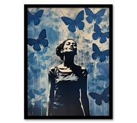 Artery8 Wall Art Print No Regrets Cobalt Blue Butterflies Woman Portrait Framed | Size: W12" x H16" Artery8 Blue W12" x H16"