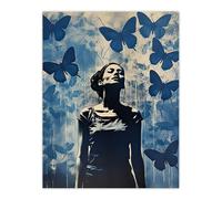 Artery8 Wall Art Print No Regrets Cobalt Blue Butterflies Woman Portrait Poster Picture | Size: W24" x H32" Artery8 Blue W24" x H32"