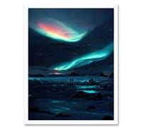 Artery8 Wall Art Print Northern Lights Aurora Borealis Iceland Painting Sky Skies Art Framed in White | Size: W12" x H16" Artery8 White W12" x H16"