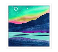 Artery8 Wall Art Print Northern Lights Aurora Borealis Midnight Sun Mountain Landscape Square Framed Picture 16X16 Inch in White | Size: W16" x H16" Artery8 White W16" x H16"