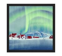 Artery8 Wall Art Print Norway Northern Lights Snow Mountain Vibrant Sky Winter Red Houses Village Square Framed Picture 16X16 Inch Artery8 Black W16" x H16"