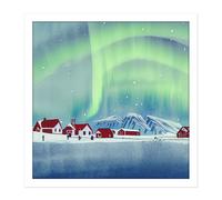 Artery8 Wall Art Print Norway Northern Lights Snow Mountain Vibrant Sky Winter Red Houses Village Square Framed Picture 16X16 Inch Artery8 White W16" x H16"