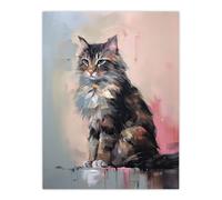 Artery8 Wall Art Print Norwegian Forest Cat Perched on Wall Oil Painting Grey Pink Brown Elegant Pet Portrait Poster | Size: W12" x H16" Artery8 Grey W12" x H16"